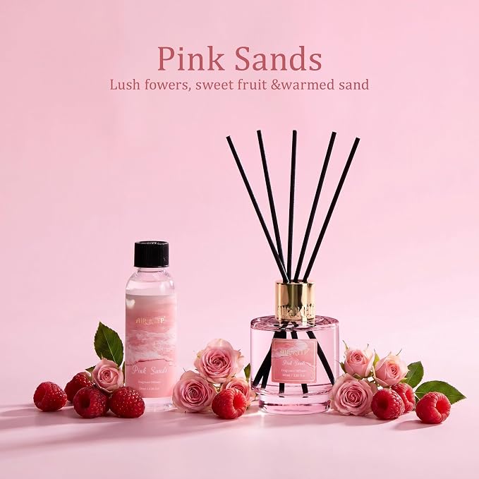 Airkeep Reed Diffuser Set with Refill & 8 Reed Sticks, 6.96 fl oz Pink Sands Home Fragrance, Long Lasting Aromatherapy Diffuser for Bedroom, Bathroom & Living Room
