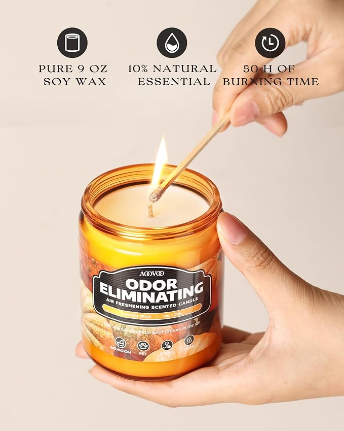 AOOVOO 4 Pack Odor Eliminating Fall Candle Set - Eliminates 95% of Pet, Smoke, Food, and Other Smells Quickly, Air Freshing Soy Candle, Pumpkin Spice/Apple Cinnamon/Spiced Clove/Cinnamon