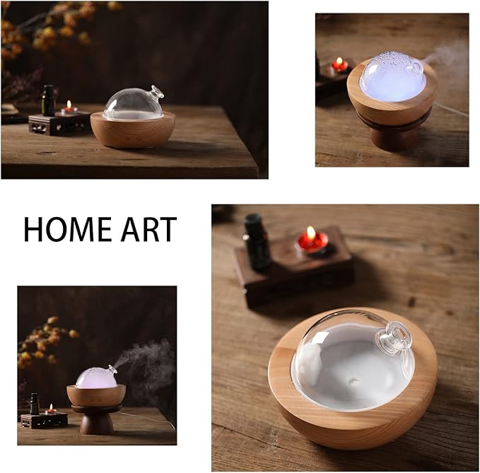 Glass Essential Oil Diffuser with Real Wood Base, 180ml Aromatherapy Diffuser with 2 Mist Modes, 7 Colors LED Light Ultrasonic Cool Mist Humidifier for Home and Office