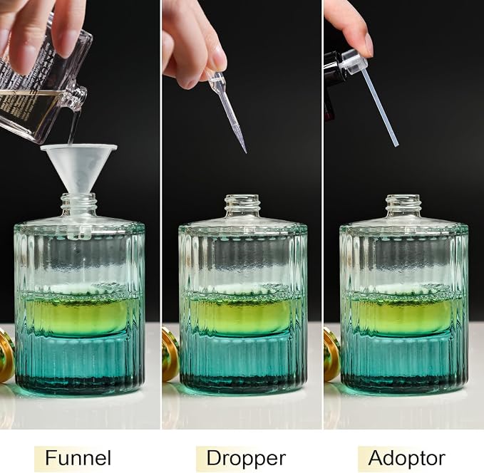 50ml/1.7 Oz Glass Spray Bottle Perfume Atomizer,Round Glass Perfume Travel Refillable Spray Bottle Empty with 3 Kinds of Dispenser (Green)