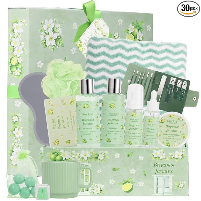 30 Pcs Spa Gifts for Women & Men, Bergamot Jasmine Bath & Body Gift Basket | Self-Care Relaxation Set, Face Skin Care Kit, Home Spa Gift, Birthday Christmas Anniversary, Cup Gift spa kit for Man & Mom