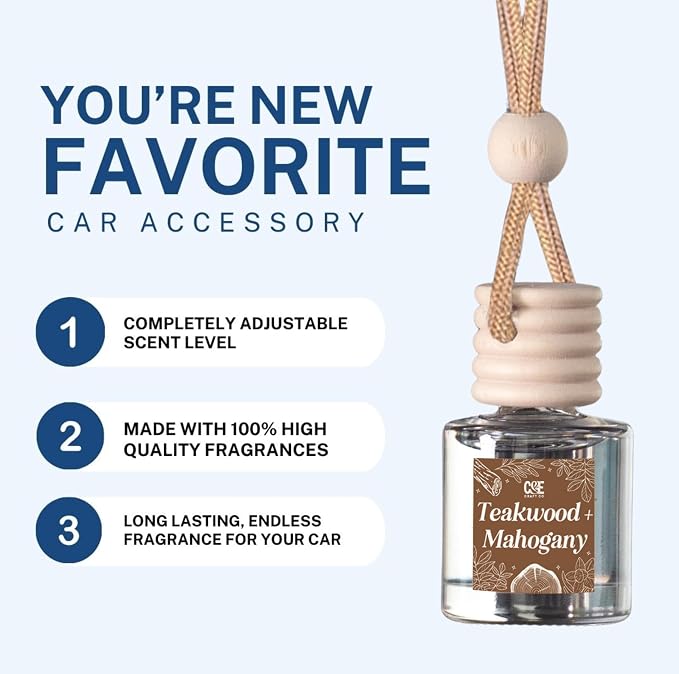 C&E Craft Co Hanging Car Air Freshener Diffuser 2 Pack, Long Lasting Fragrance Oil Car Freshener, Glass Bottle Auto Air Freshener, Made in USA (Teakwood + Mahogany)