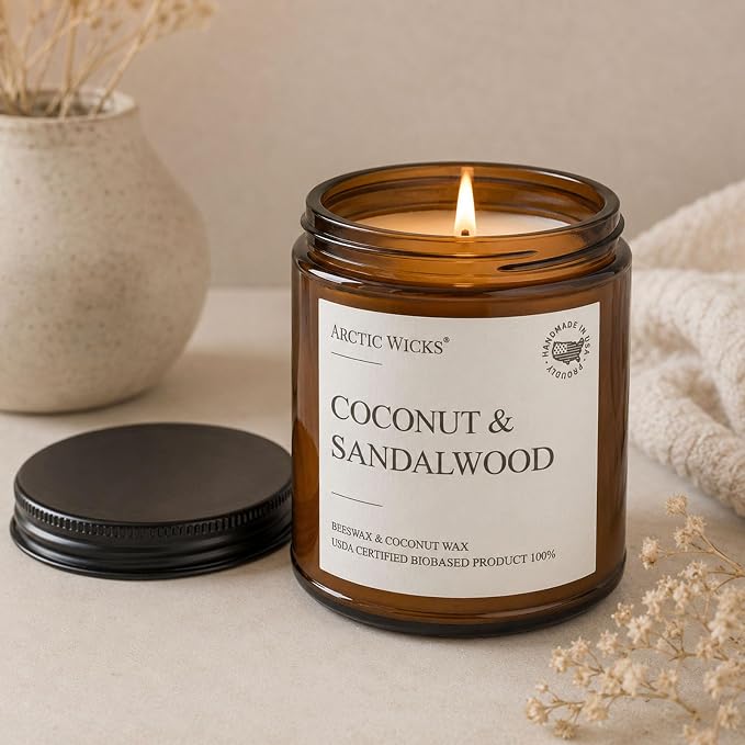 Arctic Wicks Scented Coconut Beeswax Candles | Coconut Beeswax Non Toxic Candle 9oz Amber | Farmhouse Candles Non-Toxic Clean Burn 100% USDA Certified Biobased (Coconut & Sandalwood)