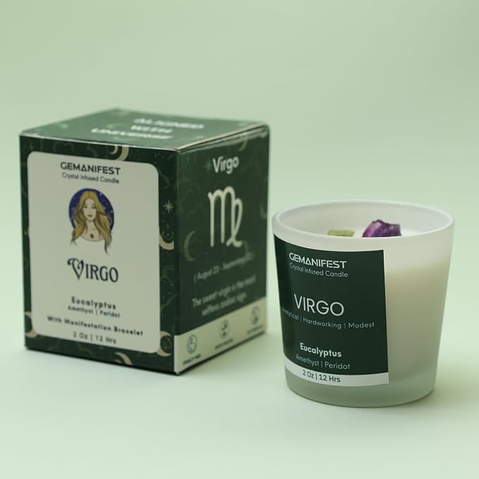 Virgo Crystal Candle with Zodiac Bracelet Virgo Gifts for Men Women Eucalyptus Soy Candles for Home Scented Birthday Astrology Gifts for Candle Lovers Spiritual People