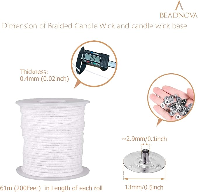 BEADNOVA Braided Candle Wick Spool with Base Set 200 ft Cotton Candle String Roll and 300pcs Wick Clips Sustainer Tabs for Making DIY
