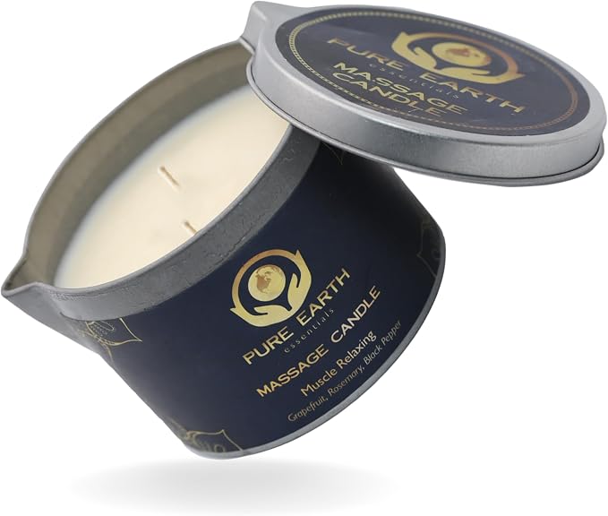 Muscle Relaxing Massage Oil Candle - Scented Massage Oil Candles for Relaxation and Home Spa (160 Grams or 6 oz.) - with Grapefruit, Rosemary, Black Pepper - by PURE EARTH essentials