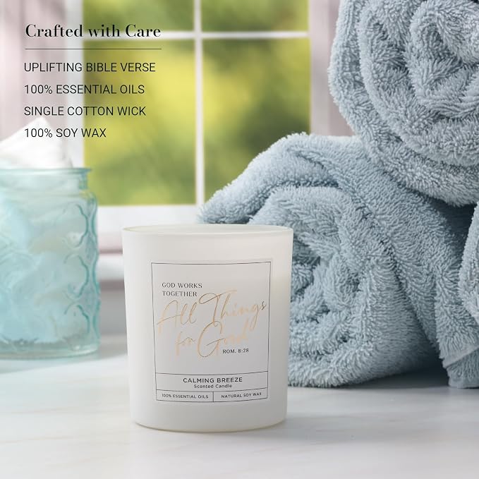 Christian Art Gifts Soy Wax Scented Candle: Romans 8:28 Bible Verse, Calming Breeze Scent, Pure Essential Oils, 4.5 oz, Up to 20 Hours Burn Time, Glass Jar w/Bamboo Lid, Encouragement Gift