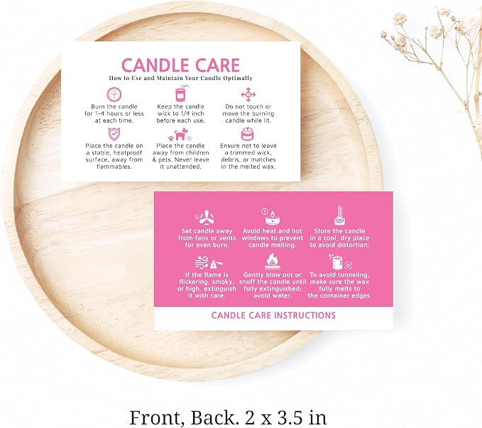 100 pack - Premium Handmade Candle Care Instruction Cards Pink 2x3.5 in, Small Business | Soy Bees Wax Melt, Candle Makers, Making Supplies Kit Set, Containers, Jars, Pot, Package