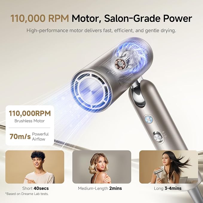 Dreame Pocket Hair Dryer 2026 New, Portable Folding Blow Dryer with Diffuser, Fast Drying, High-Speed Brushless Motor, 300M Negative Ions, Lightweight, Low Noise, for Home & Domestic Travel & Gym
