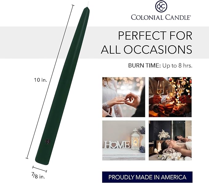 Colonial Candle Unscented Evergreen Taper Candle, 10 inch, Pack of 2 - Up to 8 Hours Burn