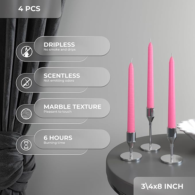 CANDWAX 8 inch Pink Taper Candles Pack of 4 - Unscented Smokeless Dripless Tall Candlesticks - Perfect as Easter Candles and for Holidays, Ordinary Dinners and Special Occasions - Pink Candle Sticks