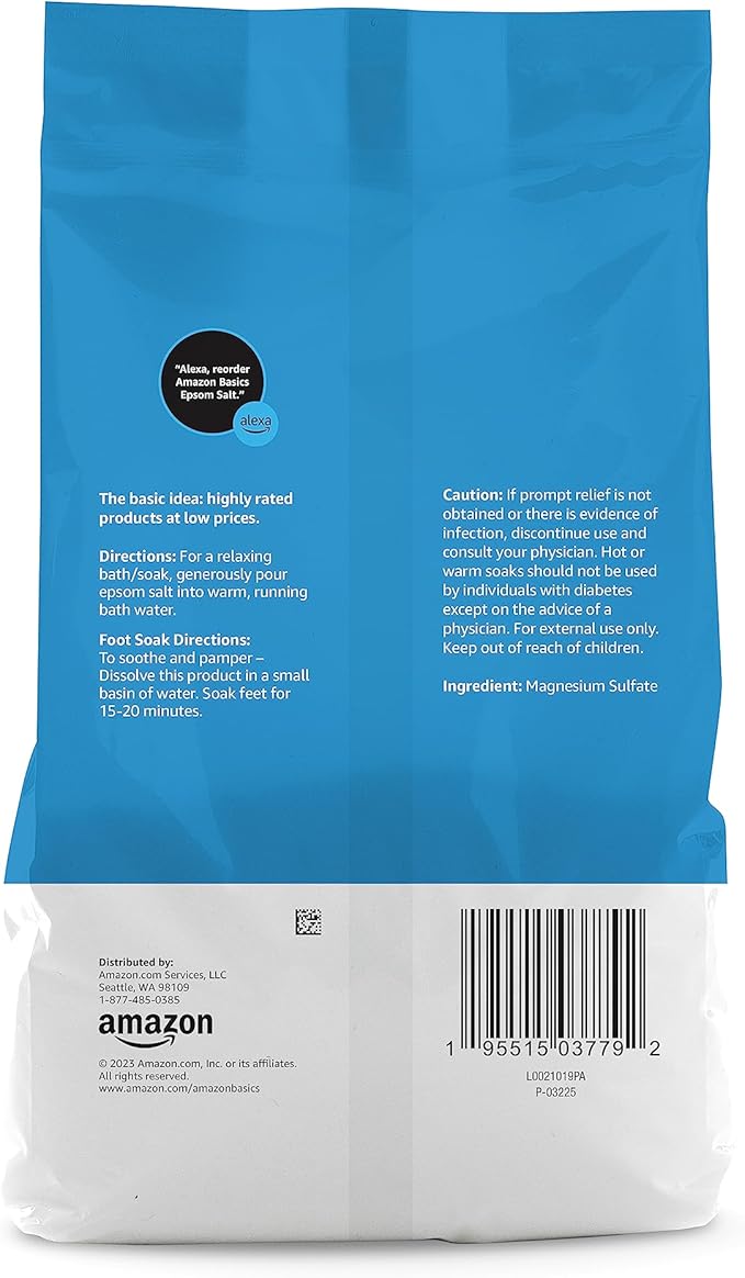 Amazon Basics Epsom Salt Soak, Unscented, Magnesium Sulfate USP, Muscle and Feet Relaxation, Resealable Bag, 3 Pound (Pack of 2)