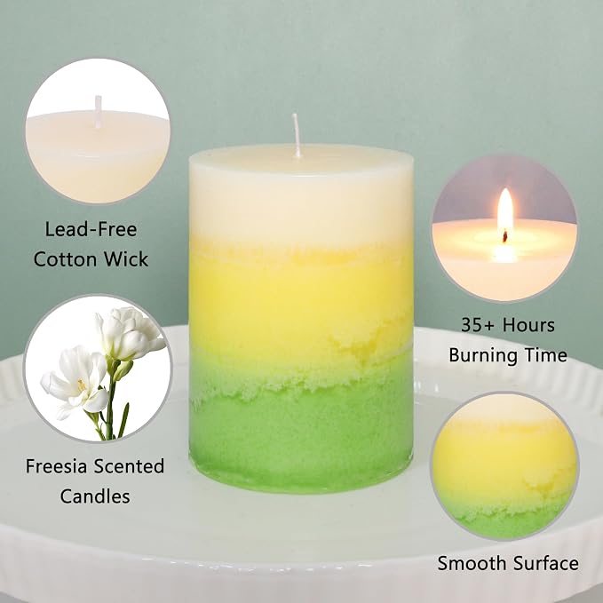 Pillar Candles, Freesia Scented Candles 35+Hour Long Lasting Burn Time, 3 X 4 Inches Dripless & Smokeless Aromatherapy Candles for Wedding Party Home Décor, Set of 3
