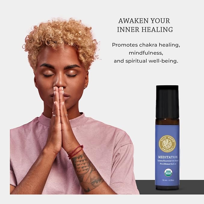 Silk Road Organic Meditation Essential Oil Balancing Blend Roll On,100% Pure USDA Certified Aromatherapy for Chakra Healing, Focus, Calming, Mindfulness & Spiritual Well-Being - 10ml Roller