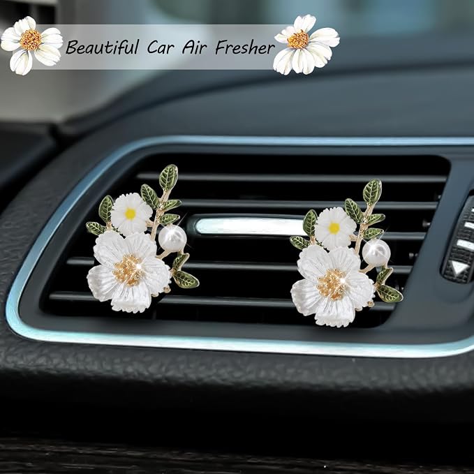 ORIESSE Flower Car Accessories,2pcs White Daisy Bouquet Air Freshener Vent Clips,Car Interior DashBoard Decorations Aesthetics for Women,Refillable Aroma Diffuser
