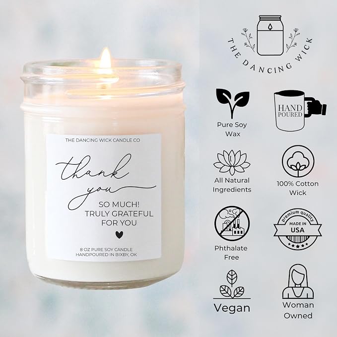 – Thank You Candle – Eucalyptus & Tea Scented Soy Wax – Gratitude Gift – Appreciation, Coworker, Client, Hostess – 8 oz, Hand-Poured – Made in the USA (Thank You)