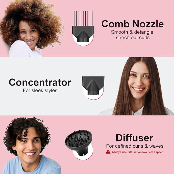 Dual Voltage (110V-240V) Travel Hair Dryer with Diffuser,1200W Foldable Compact Hair Dryer for Women Lightweight, Portable Cruise Essential Pink Blow Dryer for International Trip & Dorm Use