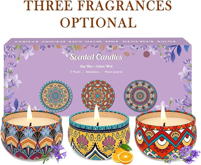 3 Pack Home Scented Candles - Strong Lavender, Bluebell & Mandarin Candle, 2.5 Oz, 100% Soy, Non-Toxic, Small Candle Set for Aromatherapy & Gifts, Prizes for Adults, Baby Shower Prizes