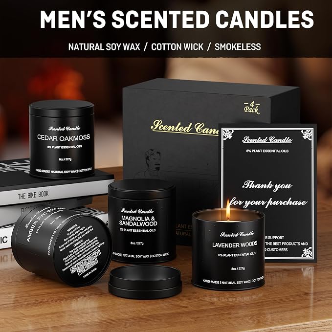 Scented Candles for Men Gift Set – 4 Pack Soy Candles, Amber Patchouli, Cedar Oakmoss, Lavender Woods & Magnolia Sandalwood – Masculine Candle Gift for Men, Dad, Him, Home Décor