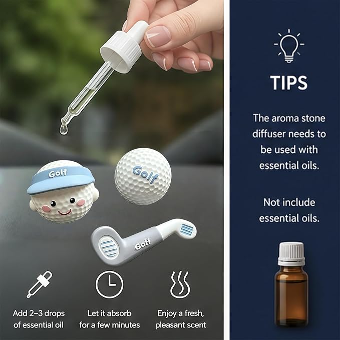 Golf Car Air Freshener Vent Clip Set (3 Pack), Plaster Diffuser, Cute Car Accessories (Essential Oil Not Included)