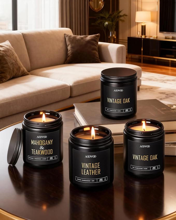 AOOVOO Scented Candles for Men - 4 Pack Candles for Home Scented, 28oz Soy Wax, 200 Hour Burn Time, Men Candle Set, Vntage Leather/Vntage Oak/Mahogany Teakwood/Cologne Candle Set