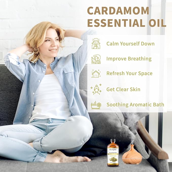 EUQEE Cardamon Essential Oil 118 ml Large Bottle Premium Cardamon Oil with Glass Dropper, Great for Diffusers, Candle & Soap Making-4oz