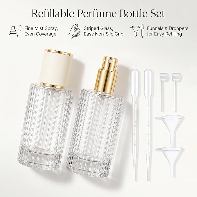 YU FENG 2 Pack Refillable Glass Spray Perfume Bottles, 100ML Clear Fine Mist Atomizer with Gold Rim & Cream Cap, Empty Portable Glass Essential Oil Spray Bottles for Travel, Home, DIY Fragrance