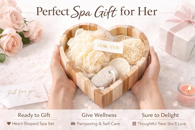 Essentials Spa Gift Set for Women, Heart Shaped Self Care Gift, Relaxation Bath Kit, Gift Ready Box, Mothers Day Gift for Mom