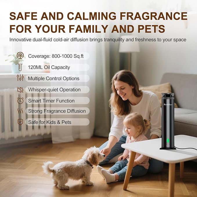 Waterless Scent Diffuser Starter Kit – 1000 Sq Ft Coverage, Suitable for Home & Hotel Series Diffuser, Includes 5 Scent Oils, Remote Control, Large Room Essential Oil Diffuser, Ultra Black