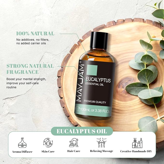 Eucalyptus Essential Oil, MAYJAM 3.38fl.oz Large Bottle Pure Essential Oils, Perfect for Living Room Bedroom Office Car Use