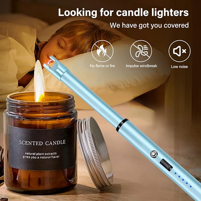 Electric Candle Lighter Windproof USB Rechargeable Flameless Long Neck Lighter for Candles Gas Stove Fireplace BBQ Kitchen Grills (Sky Blue)