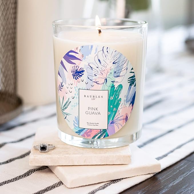 Baubles Pink Guava Scented Premium Candle and Jewelry with Surprise Ring Inside | 18 oz Large Candle | Made in USA | Parrafin Free | Size 08