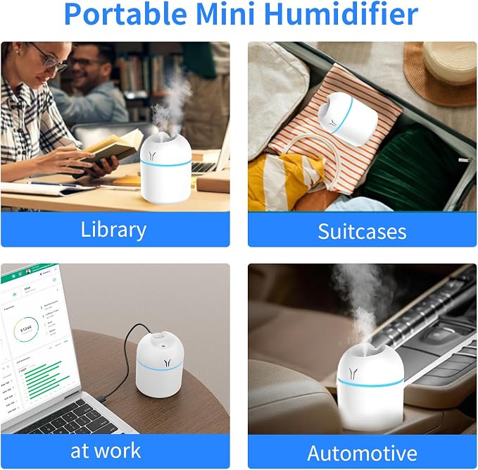 Portable Mini Humidifier, 250ML 3-in-1 Cool Mist With Aroma Pads, Colorful Night Light, USB for Car and Travel (White)