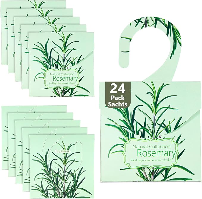 24 Pack Rosemary Sachets for Drawers and Closets, Natural Drawer Scented Sachets Deodorizers Closet Fresheners for Clothes with 10 Hanging Bags