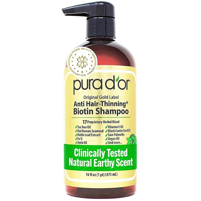 PURA D'OR Original Gold Label Anti-Thinning Shampoo - CLINICALLY TESTED - Biotin & Argan Oil – Sulfate-Free Strengthening & Volumizing for Fuller-Looking Hair, Men & Women, Natural Earthy Scent 16 oz