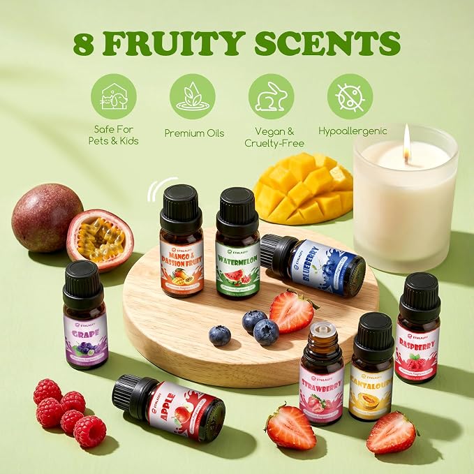 Fruity Fragrance Oil, Premium Fruit Essential Oils for Diffuser, Candle Soap Making Scents, 10ml/0.33fl.oz, Apple, Cantaloupe, Strawberry, Grape, Fruit Scented Oils for DIY, Bath Bombs Making