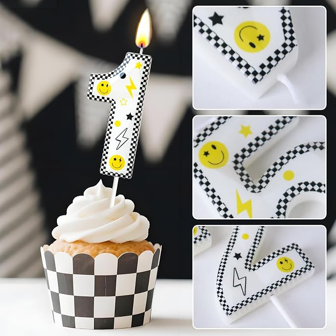 Number 1 Birthday Candle for Cake – 2.7 Inch Large Size Black White Checkered Smiley Design with Lightning & Star – One Happy Dude Theme Cake Topper Decoration