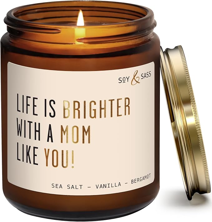 Mothers Day Gifts for Mom, Mom Gifts from Daughter or Son - 'Life is Brighter with a Mo m Like You' Soy Candle, w/Fig & Sandalwood I Birthday from Daughter Son Ideas I 50Hr Burn, USA Made
