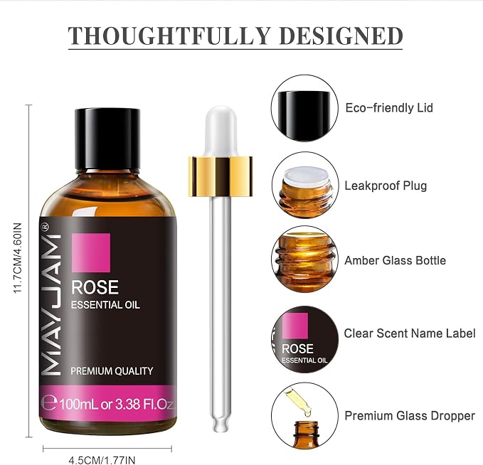 Rose Essential Oil, MAYJAM Essential Oils for Diffusers for Home, 3.38FL.OZ Large Volume Rose Oil for Soap Candle Making Massage