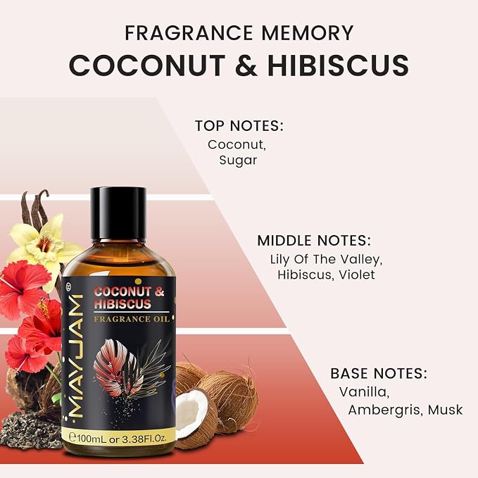 Coconut & Hibiscus Fragrance Oil Essential Oil, MAYJAM 3.38FL.OZ Coconut & Hibiscus Oil for Diffusers for Home, Long Lasting Scented Oils for Soap Candle Making - 100ML