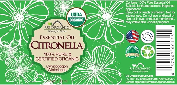 US Organic Citronella Essential Oil, USDA Certified, 100% Pure, 30 ml Pack of 2, Improved caps and droppers – Used for Skin Care, Many DIY Projects Like Candle Making and Much More