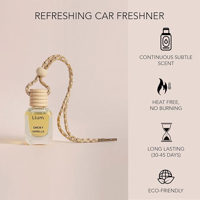 Llum Smoky Vanilla Hanging Car Air Freshener – Luxury Automotive Perfume Diffuser 10ml (0.34 fl oz), Long-Lasting Fragrance, Alcohol-Free Non-Toxic Scent, Glass Bottle With Wood Cap & AC Vent Clip