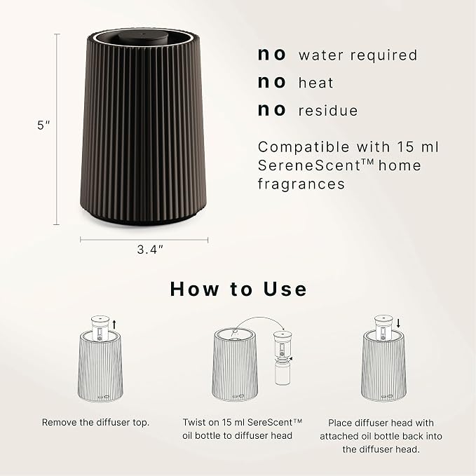 Homedics Waterless Essential Oil Diffuser with 15ml Vanilla Cedarwood Fragrance Oil. SereneScent Cordless Cold Air Scent Diffuser Starter Kit with Ambient Light, Studio 671 (Black)