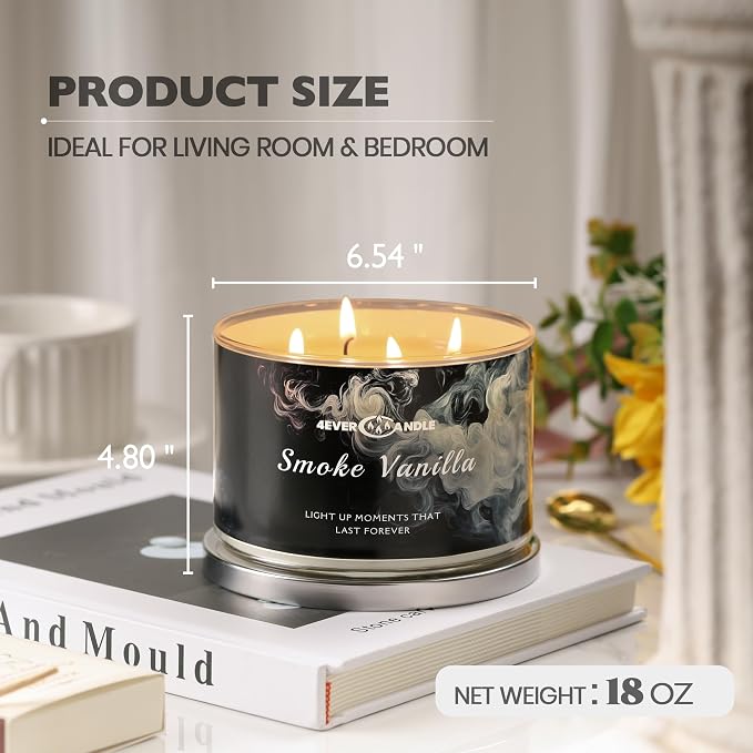 4EVER Scented Candles | 4-Wick 18oz Soy Wax Candle | Up to 50Hrs Clean Burn | Aromatherapy Candles for Home Scented | Gifts for Women & Mom, Smoke Vanilla