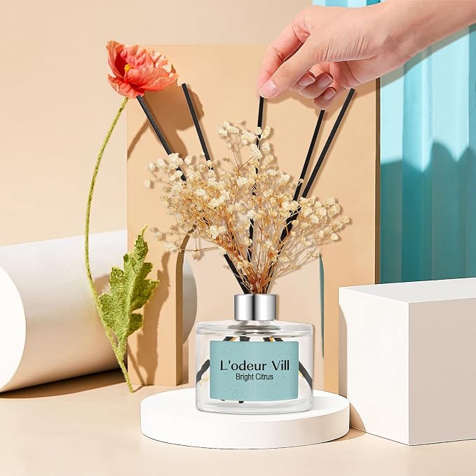 L'odeur Vill Reed Diffuser Set, 6.7 oz(200ml) Bright Citrus Scented Diffuser with 6 Oil Diffuser Sticks, Home Fragrance Essential Oil Reed Diffuser for Home Large Rooms Bathroom Shelf Decor