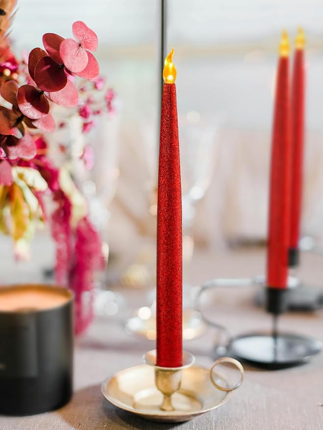 FURORA LIGHTING Red Glitter LED Taper Candles, 2-Pack, 6/18 Timer, Batteries Included