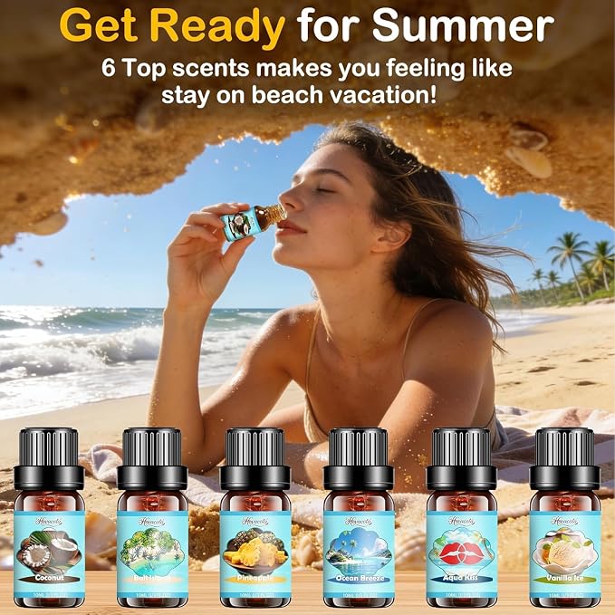 Summer Fragrance Oils Set, Premium Essential Oils for Diffuser, Natural Aromatherapy Oils for Soap Candle Making - Ocean Breeze, Coconut, Pineapple, Bali Island, Vanilla Ice Cream, Aqua Kiss