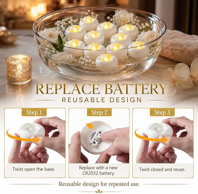 12 Pack 2.3” Flameless LED Floating Candles, Water-Activated Battery Operated Floating Candle with180+ Hours Runtime for Cylindrical Vase, Pool, Fountain - Ideal for Wedding, Party Decoration