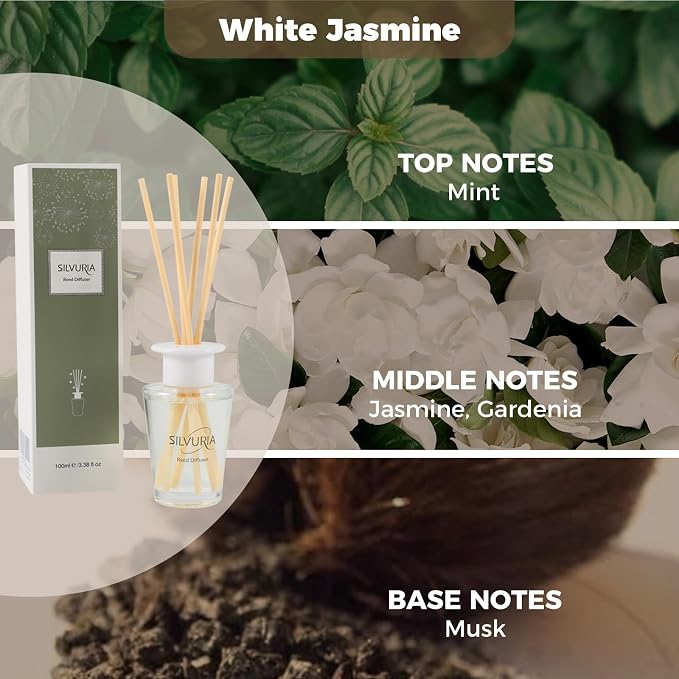 White Jasmine Scented Reed Diffuser Set,100ml(3.38 oz) Essential Oil & 6 Reed Sticks,Long-Lasting Fragrance for Home,Bathroom,Bedroom,Perfect Housewarming Gift,Room Freshener
