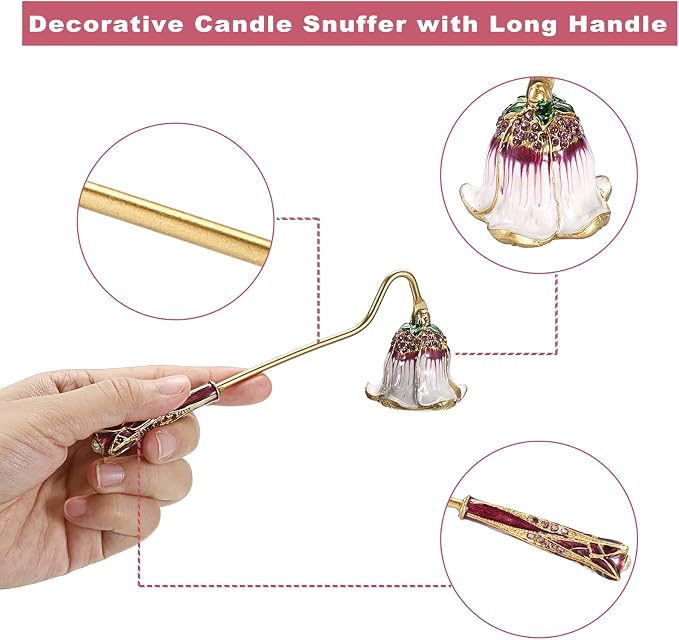 OwnMy Candle Snuffer Decorative Metal Candle Extinguisher with Long Handle, Vintage Candle Flame Snuffer and Wick Trimmer Tool, Elegant Candles Care Accessory Kit, White+Purple